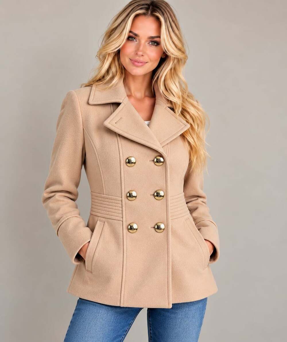 Kenneth Cole New York Pea Coat Size 6 Beige Wool Blend Double Breasted